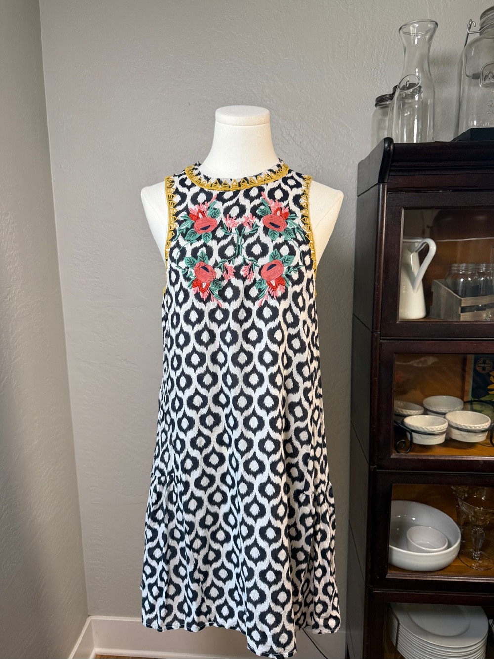 THML Embroidered Floral Ikat Print Swing Dress Boho Mini Size S
